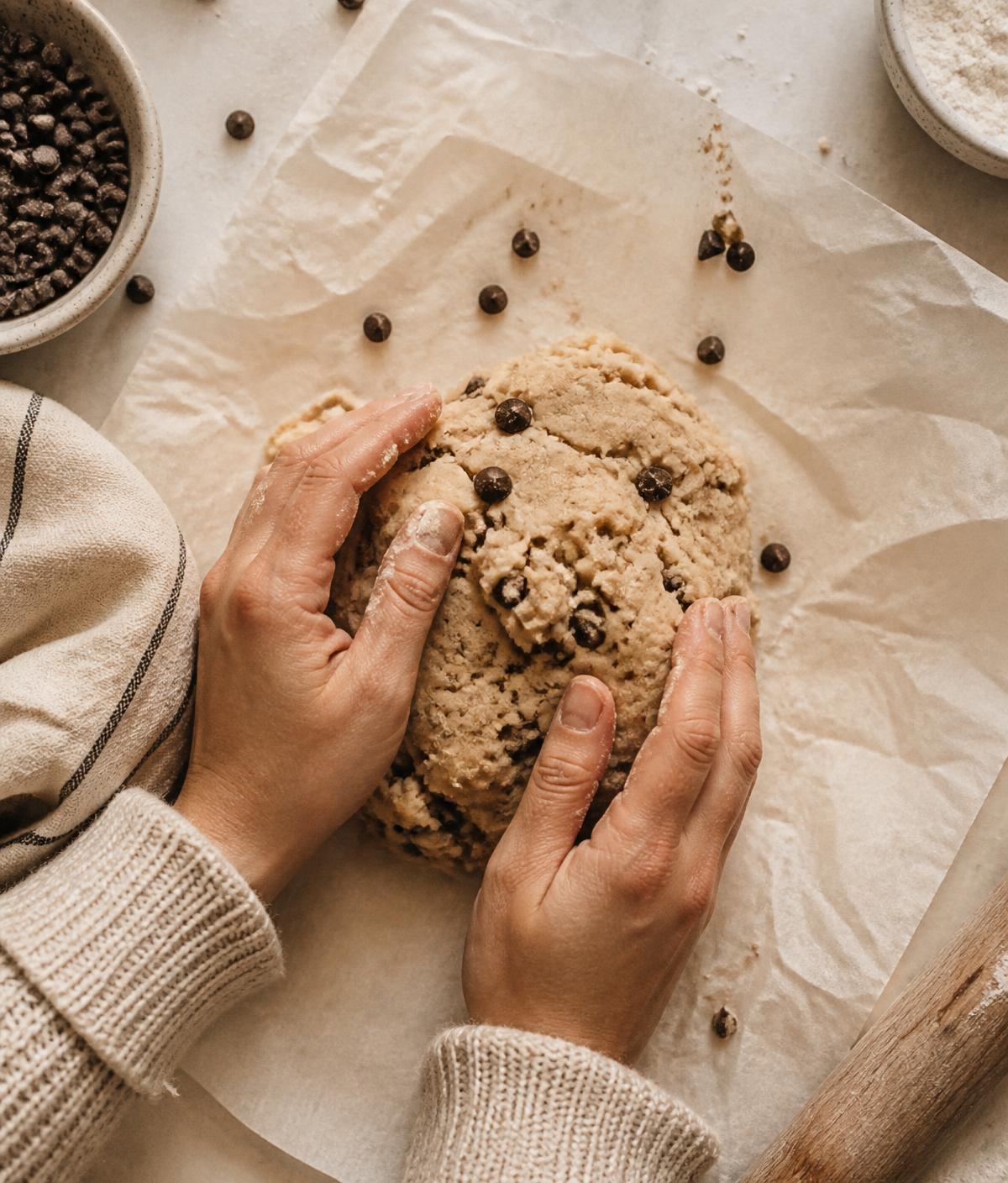 Hands kneading cookie dough with chocolate chips on parchment
